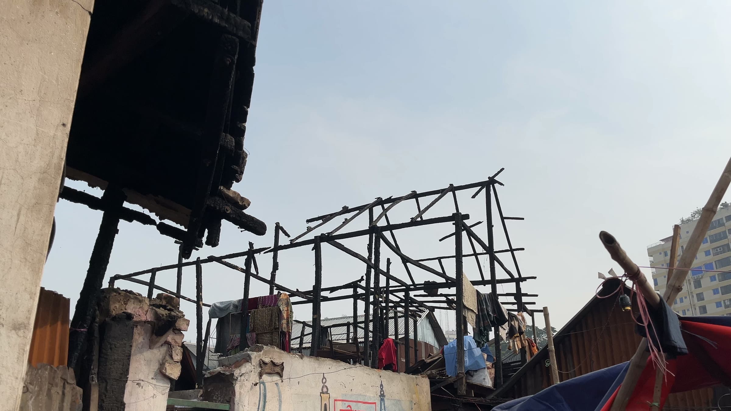 Fire-damaged homes in Korail, Dhaka